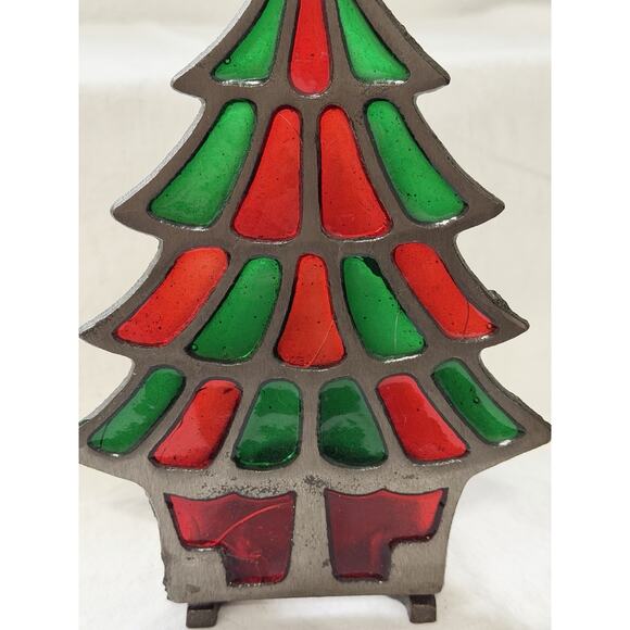 Vintage Christmas Tree Stained Glass Tea Light Votive Holder Cast Iron Taiwan - Picture 3 of 5
